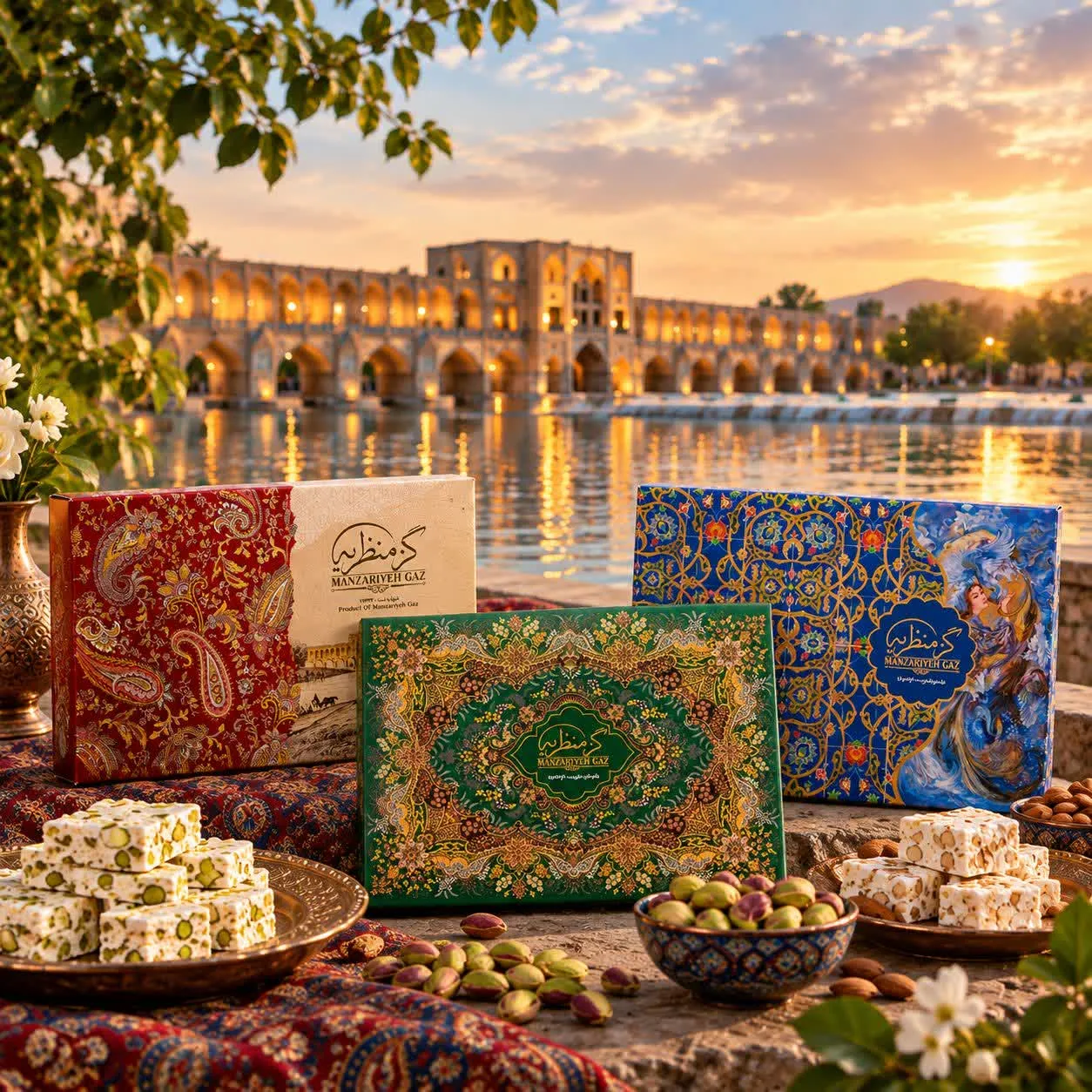 راهنمای جامع و مقایسه تخصصی گز پسته اصفهان 1 مقایسه جعبههای گز لقمه ای ۱۸، ۲۸ و ۴۰ درصد پسته فروشگاه گز منظریه اصفهان